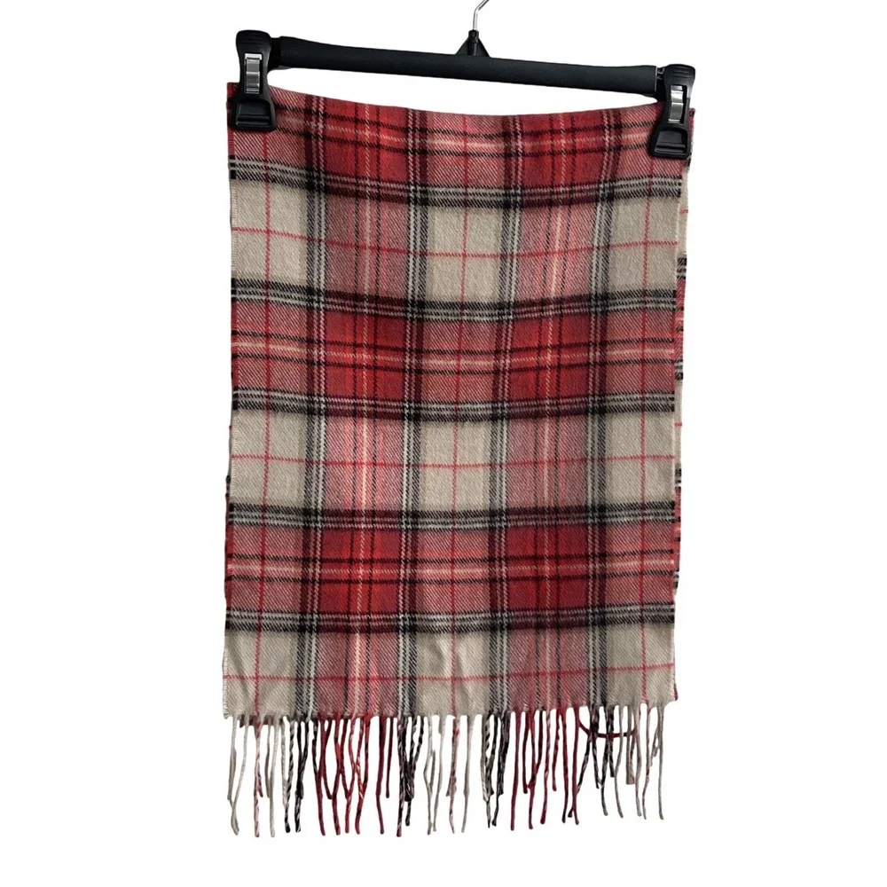 D&Y Plaid Scarf Women OS Red Cream Softer Than Cashmere‎ Acrylic Fringe Tartan